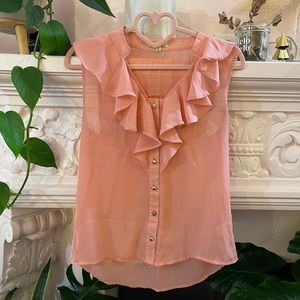 Blush pink, sleeveless ruffle blouse with gold button detailing